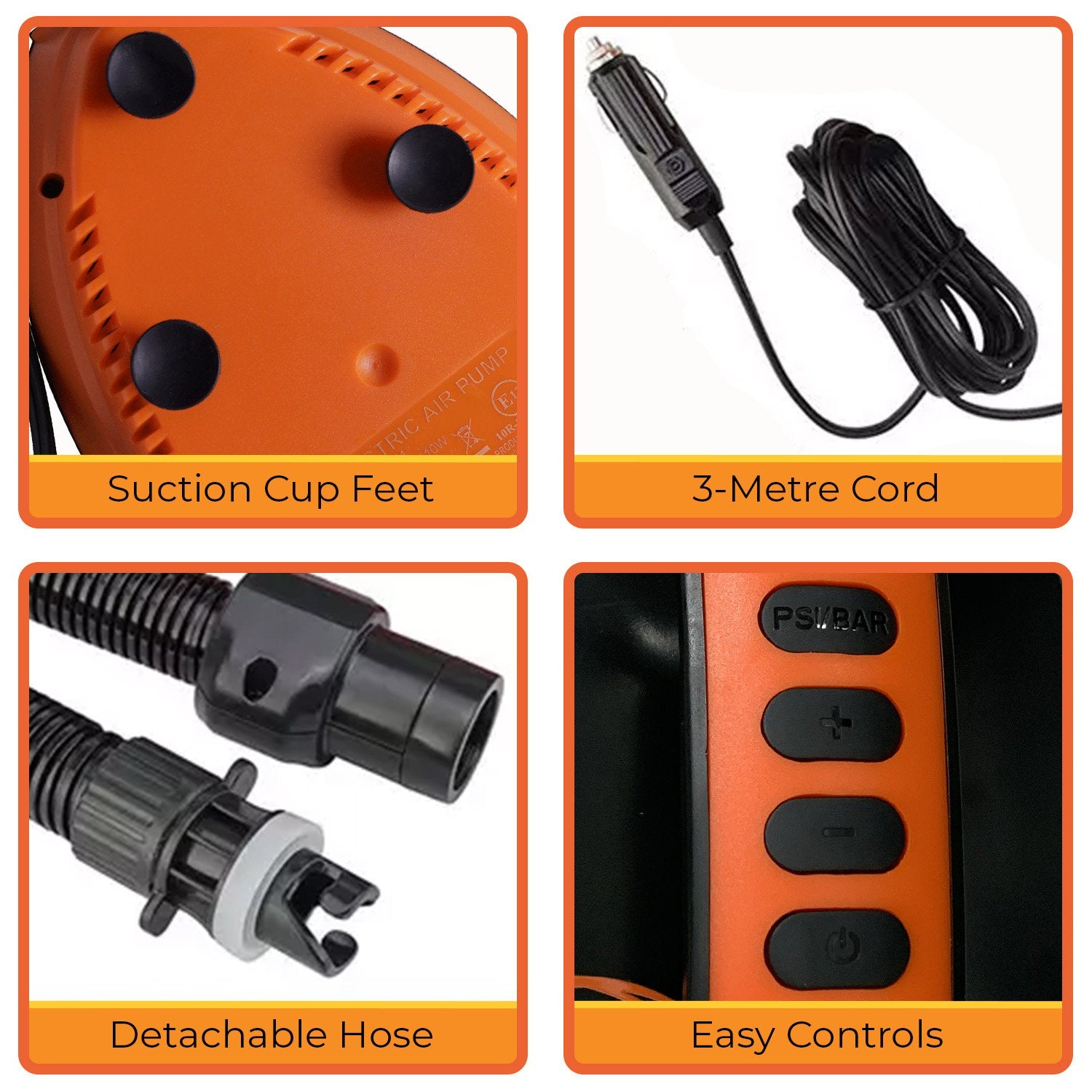 Kahuna Portable Electric Air Pump with six nozzles for inflating paddle boards and other inflatables.