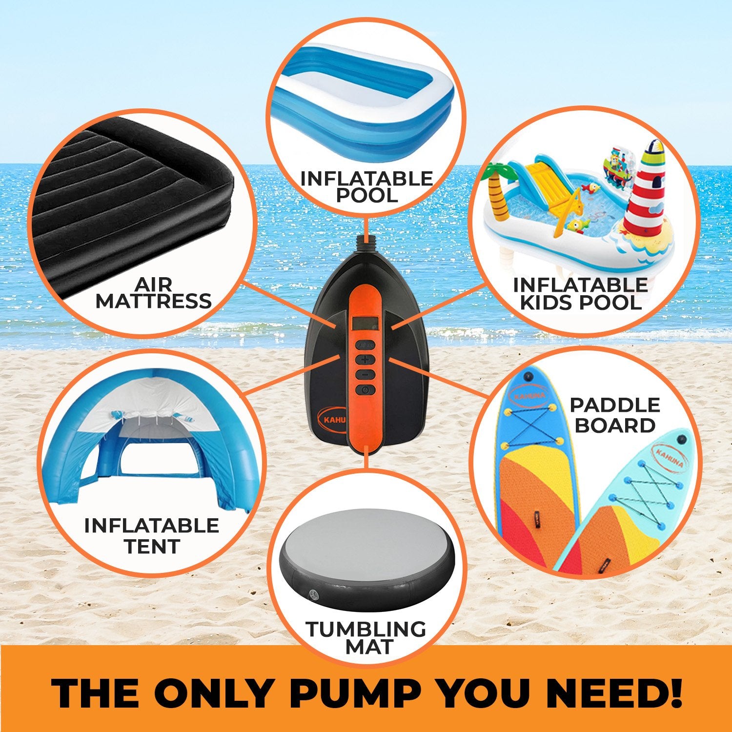 Kahuna Portable Electric Air Pump with six nozzles for inflating paddle boards and other inflatables.