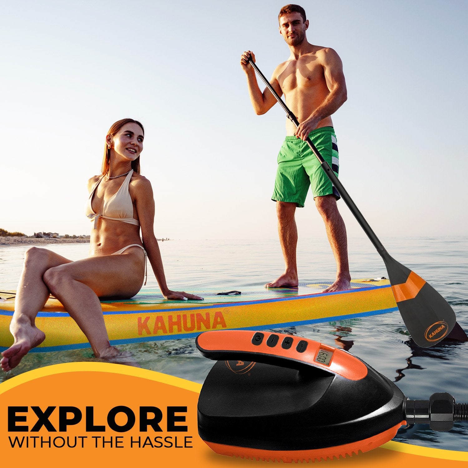 Kahuna Portable Electric Air Pump with six nozzles for inflating paddle boards and other inflatables.