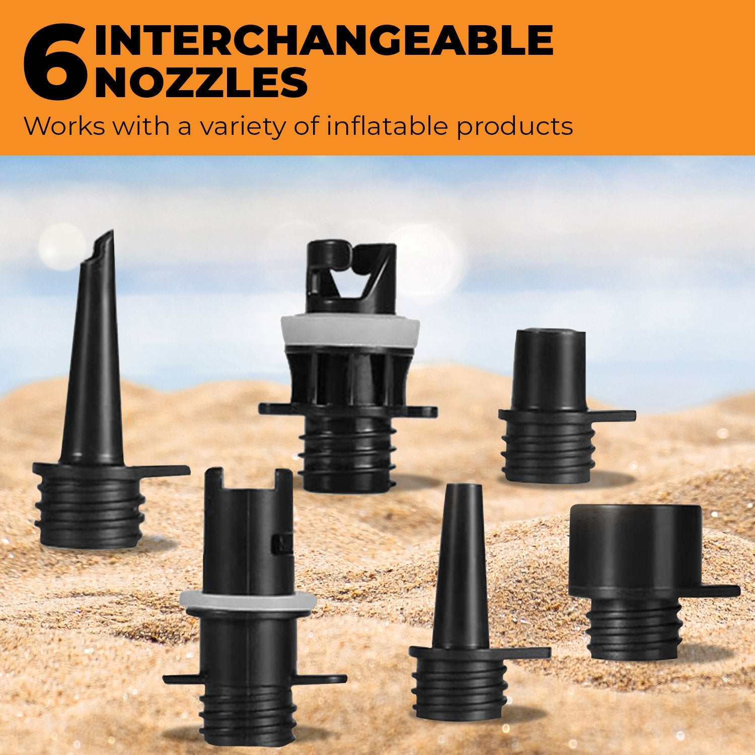 Kahuna Portable Electric Air Pump with six nozzles for inflating paddle boards and other inflatables.