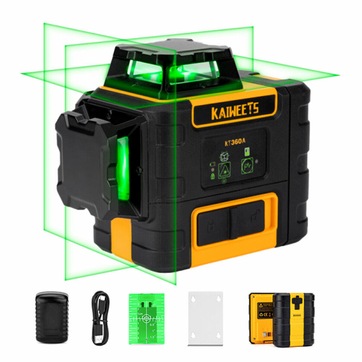 KAIWEETS KT360A Green Laser Level displaying three 360-degree green laser lines for precise leveling.