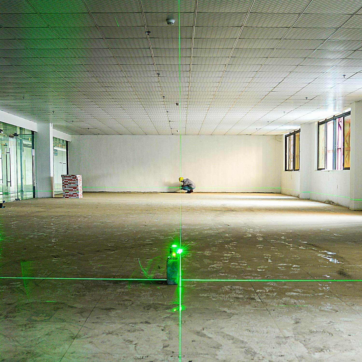 KAIWEETS KT360A Green Laser Level displaying three 360-degree green laser lines for precise leveling.