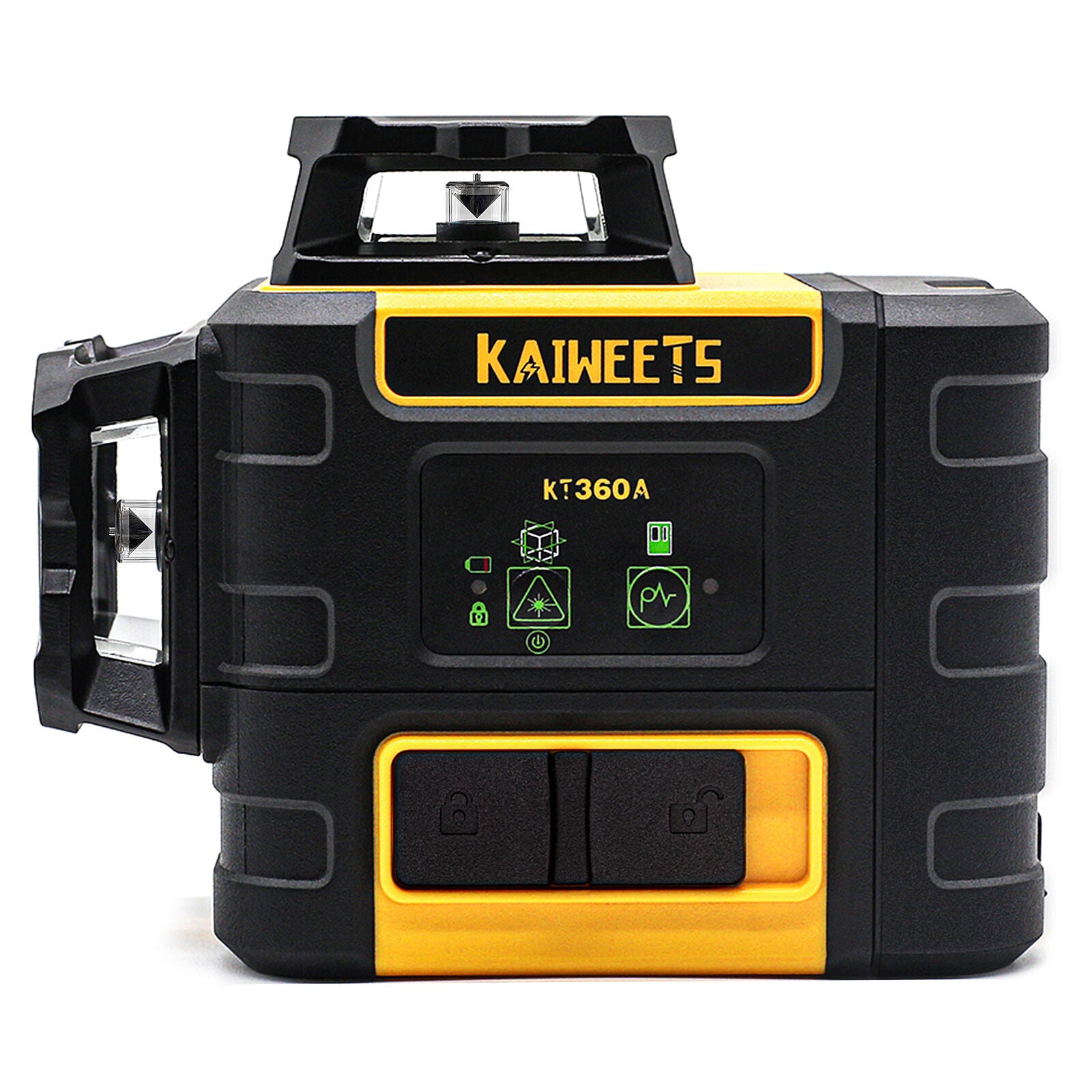 KAIWEETS KT360A Green Laser Level displaying three 360-degree green laser lines for precise leveling.