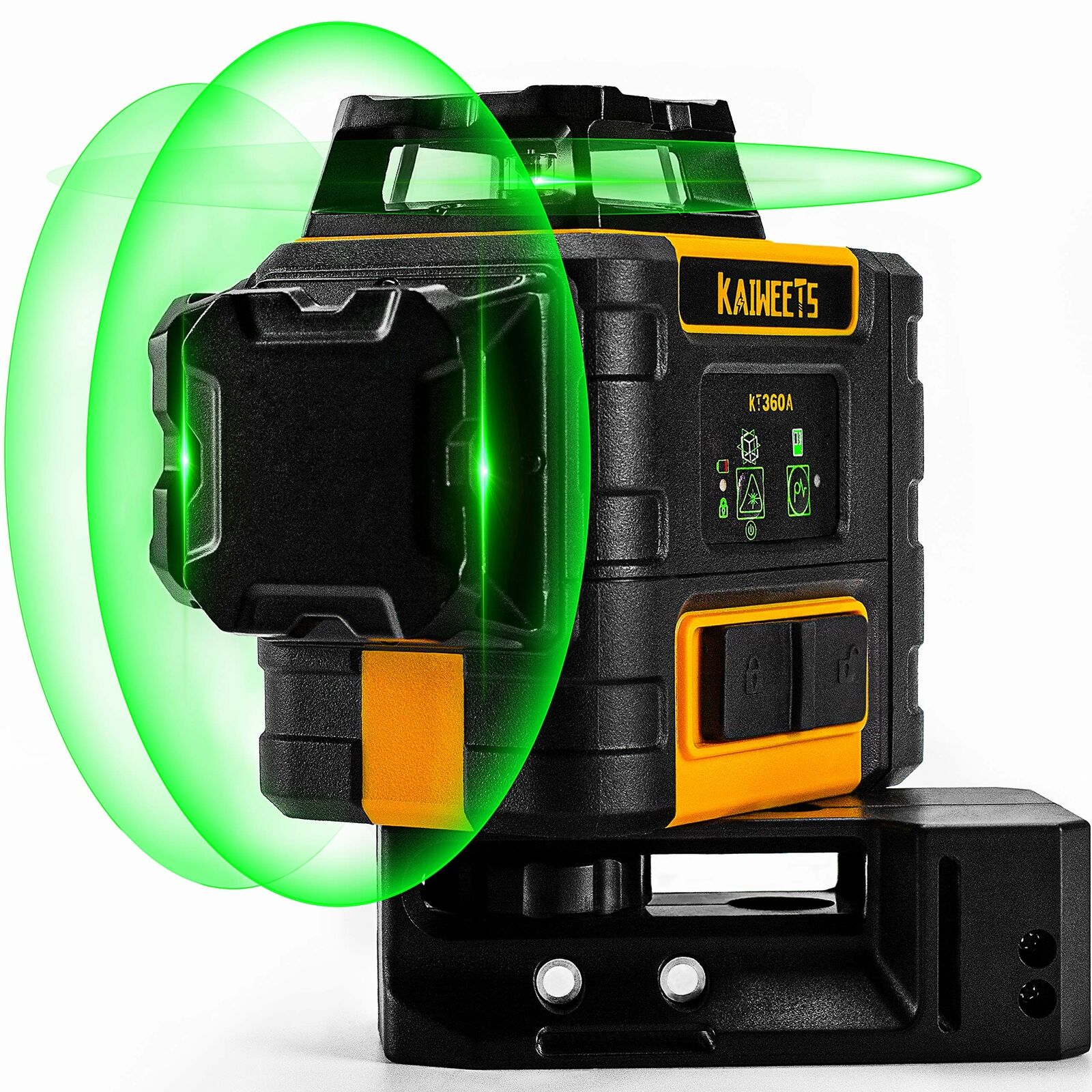 KAIWEETS KT360A Green Laser Level displaying three 360-degree green laser lines for precise leveling.