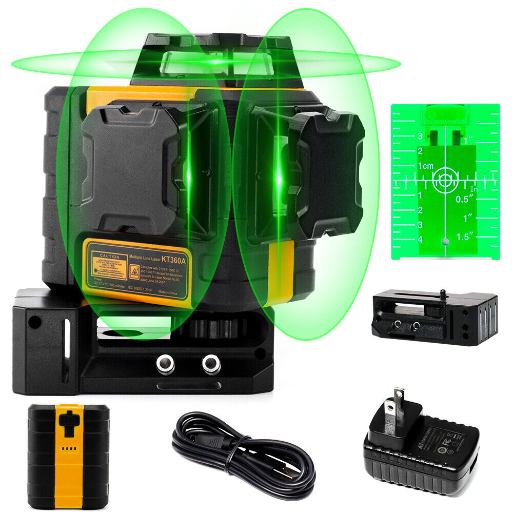 KAIWEETS KT360A Green Laser Level displaying three 360-degree green laser lines for precise leveling.