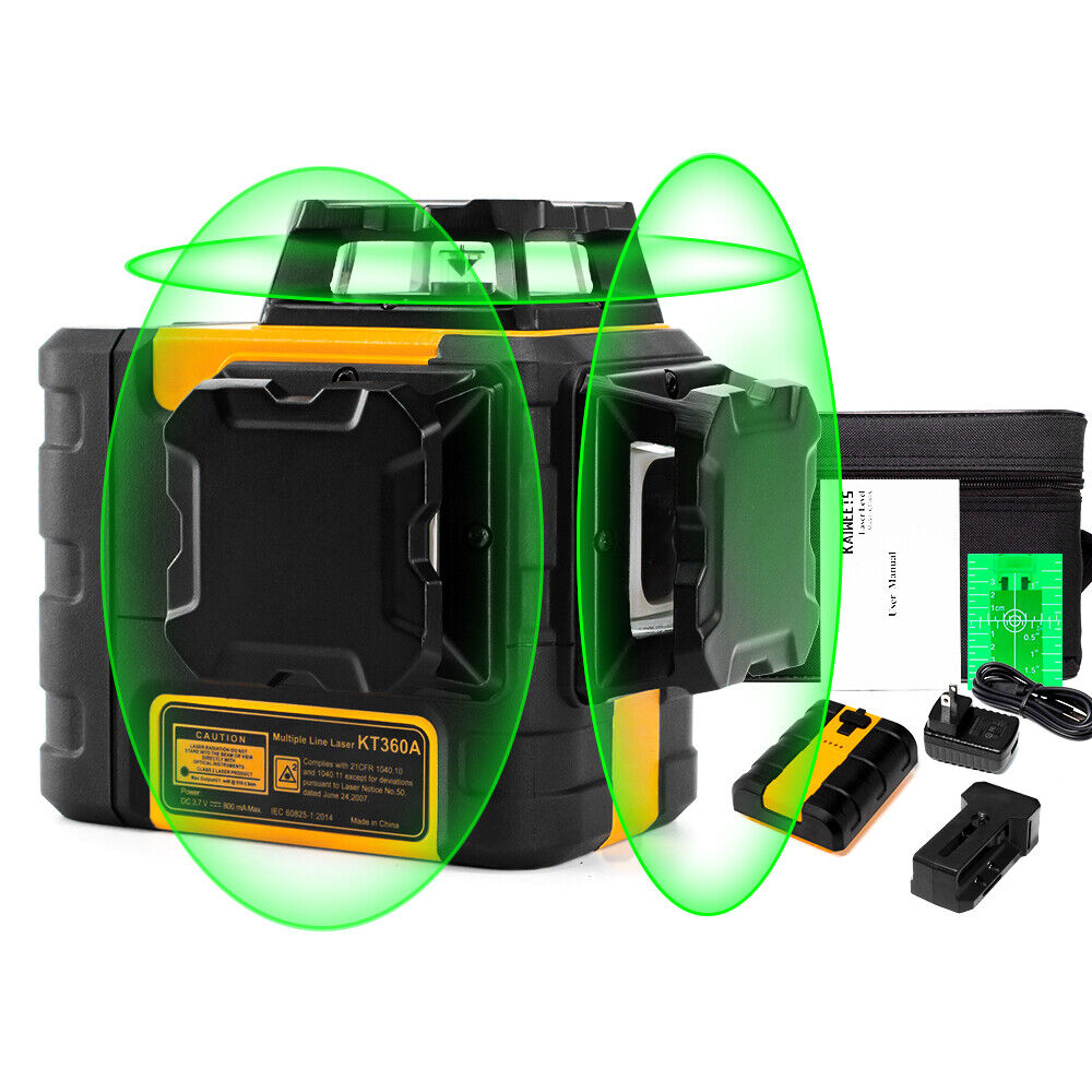 KAIWEETS KT360A Green Laser Level displaying three 360-degree green laser lines for precise leveling.