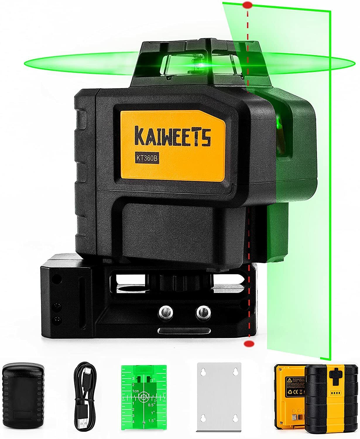 KAIWEETS KT360B Green Laser Level with self-leveling feature, showing its compact design and included accessories.