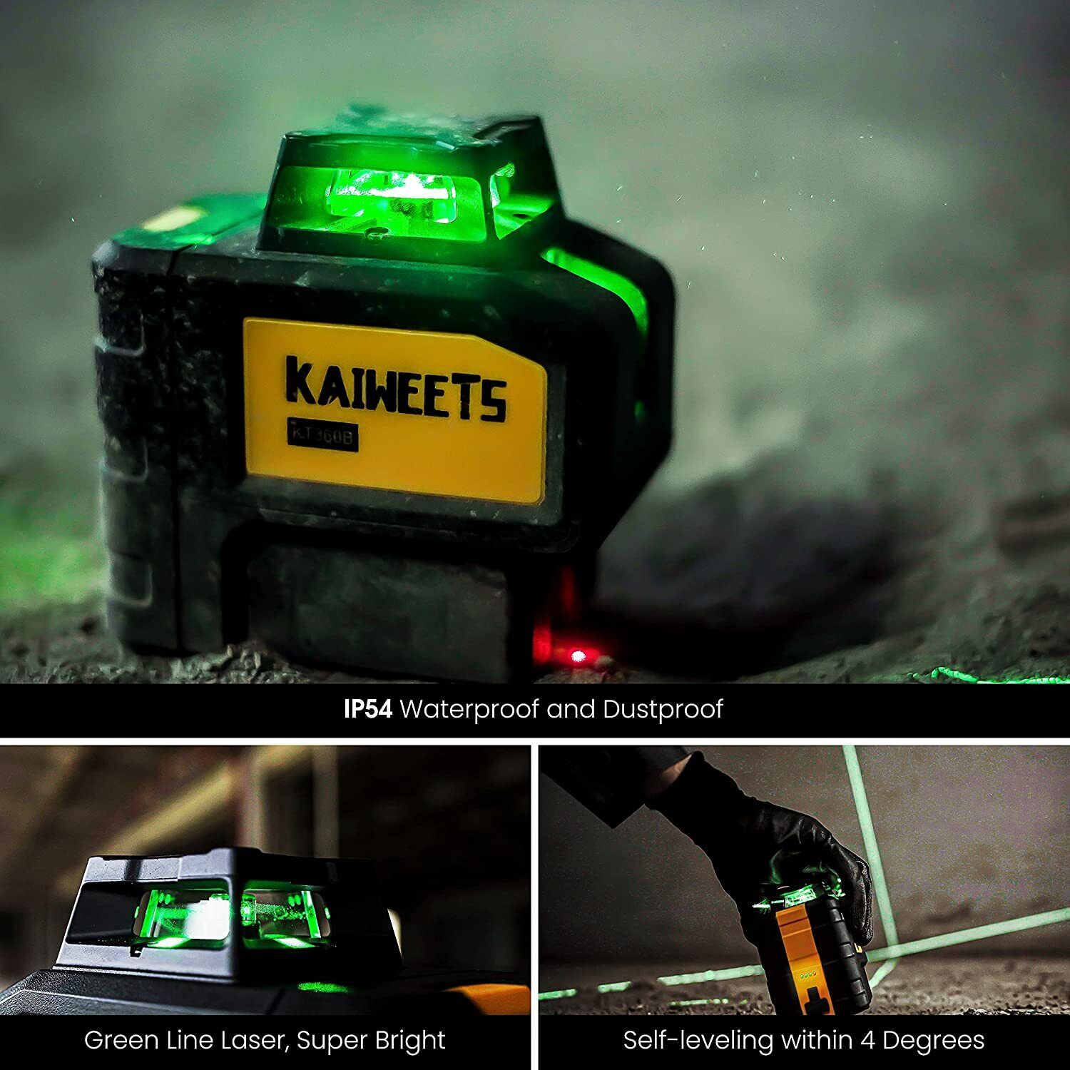 KAIWEETS KT360B Green Laser Level with self-leveling feature, showing its compact design and included accessories.