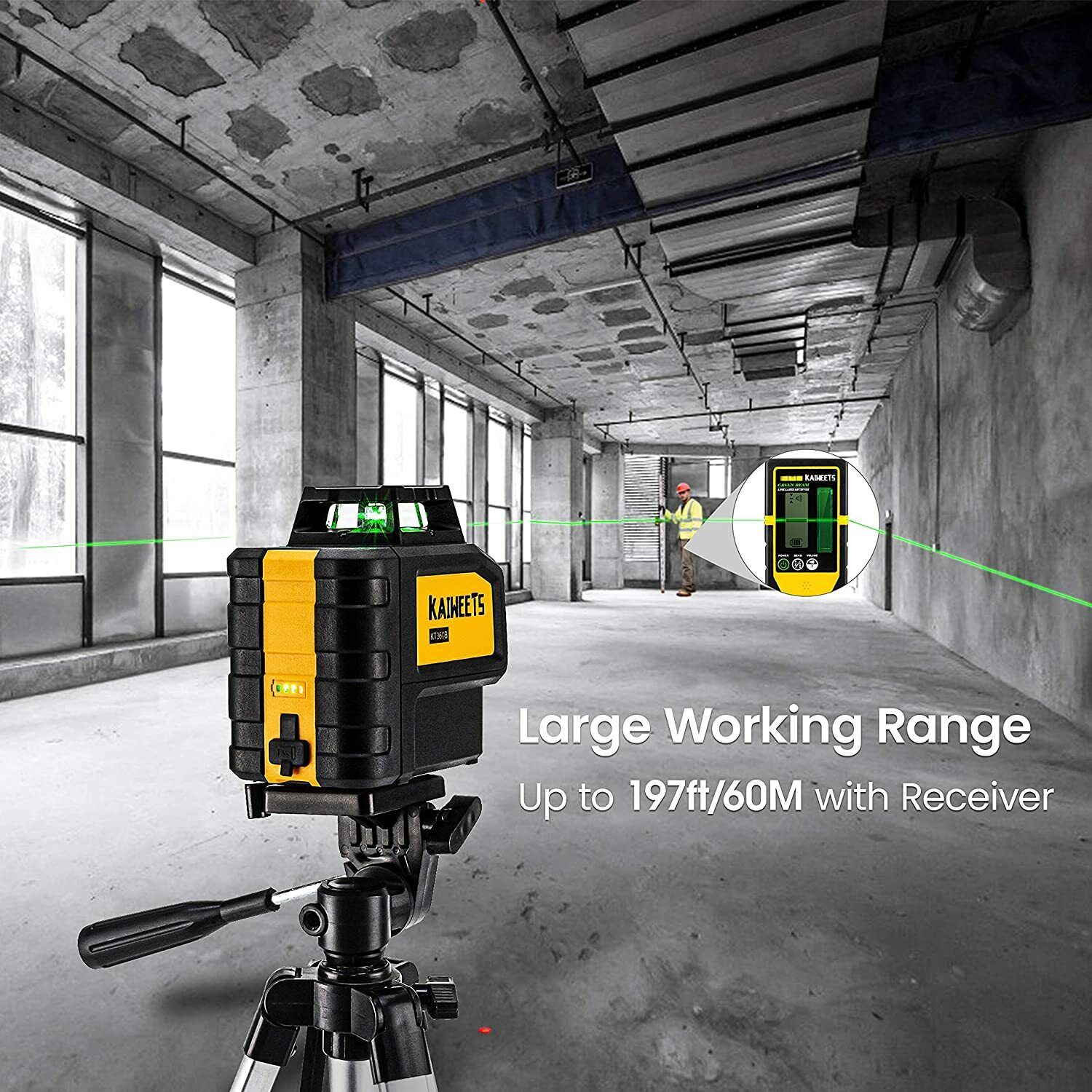 KAIWEETS KT360B Green Laser Level with self-leveling feature, showing its compact design and included accessories.