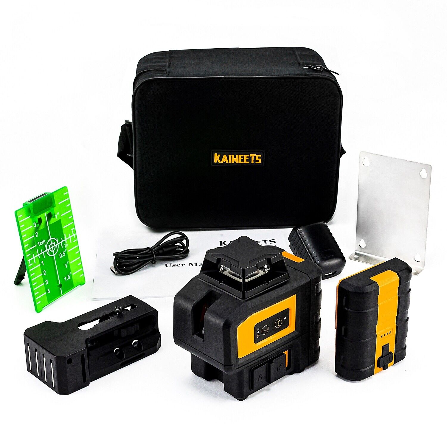 KAIWEETS KT360B Green Laser Level with self-leveling feature, showing its compact design and included accessories.