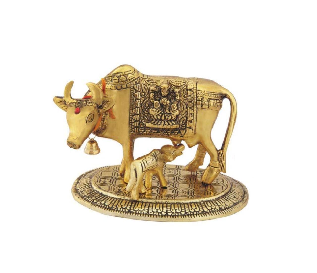 Kamdhenu Cow with Calf Brass Idol in Antique Gold Finish, showcasing intricate details and craftsmanship.