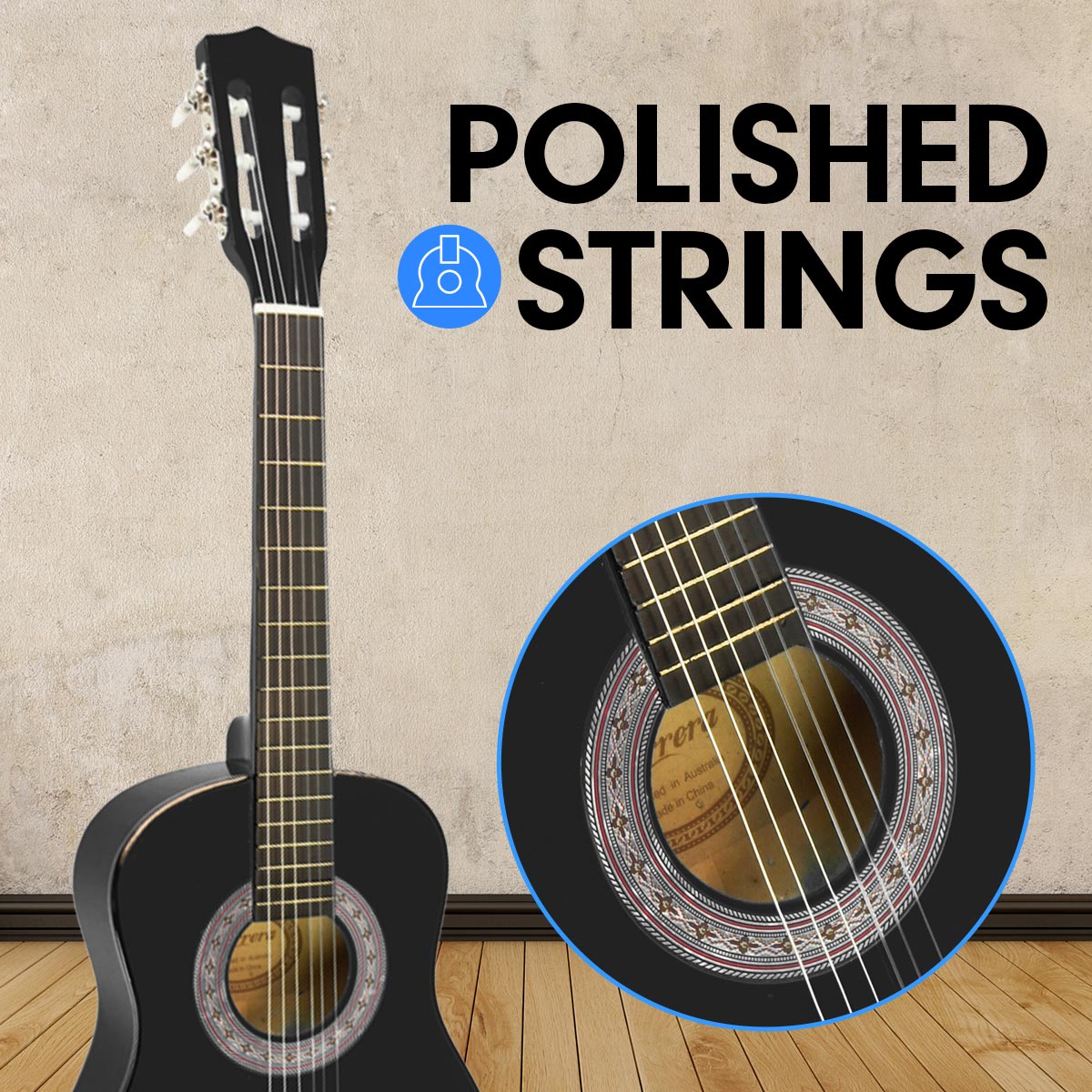 Karrera 34in Acoustic Children Wooden Guitar in black, showcasing its sleek design and quality craftsmanship, perfect for young musicians.