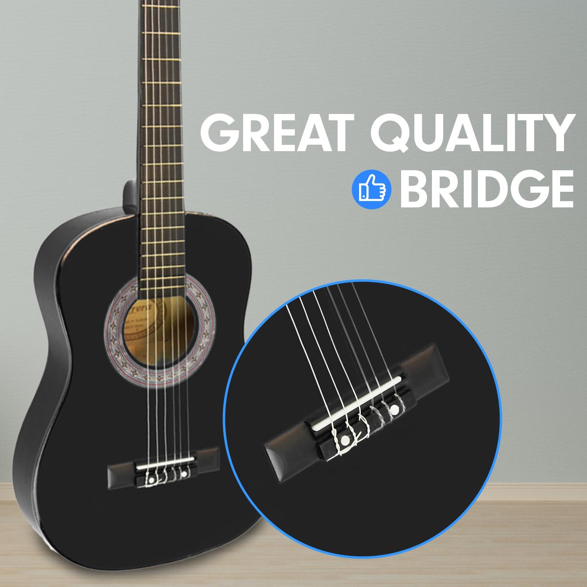 Karrera 34in Acoustic Children Wooden Guitar in black, showcasing its sleek design and quality craftsmanship, perfect for young musicians.
