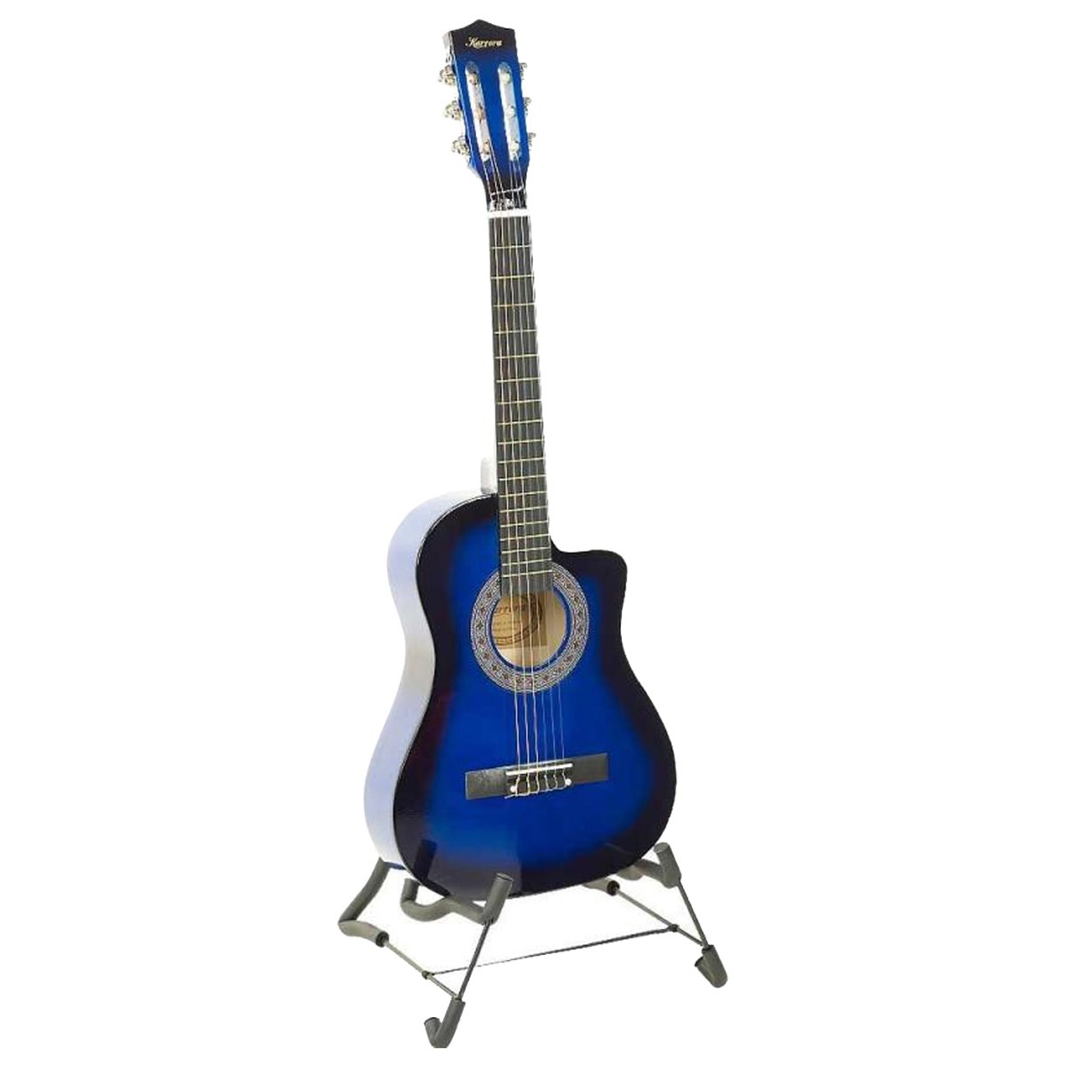 Karrera 38in Pro Cutaway Acoustic Guitar in Blue Burst with accessories including bag and picks.
