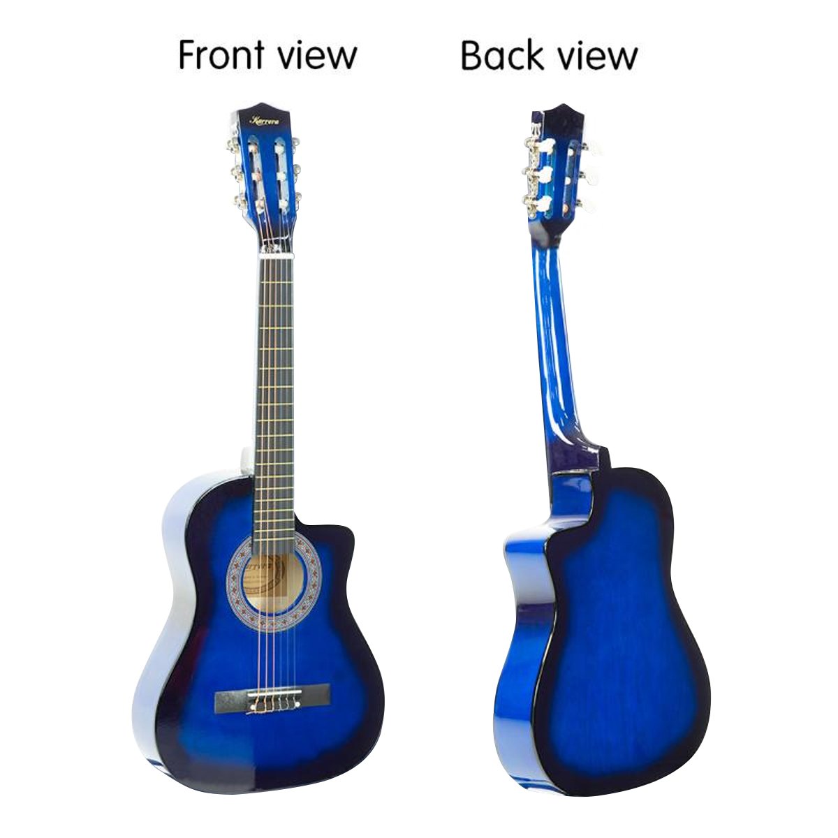Karrera 38in Pro Cutaway Acoustic Guitar in Blue Burst with accessories including bag and picks.