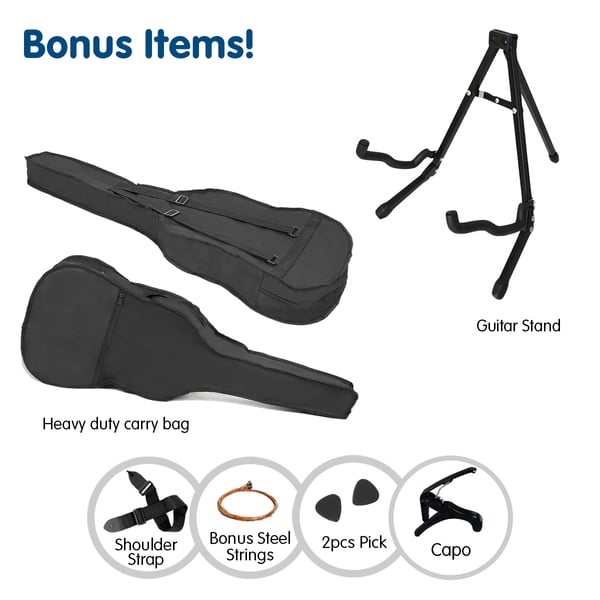 Karrera 38in Pro Cutaway Acoustic Guitar in Blue Burst with accessories including bag and picks.