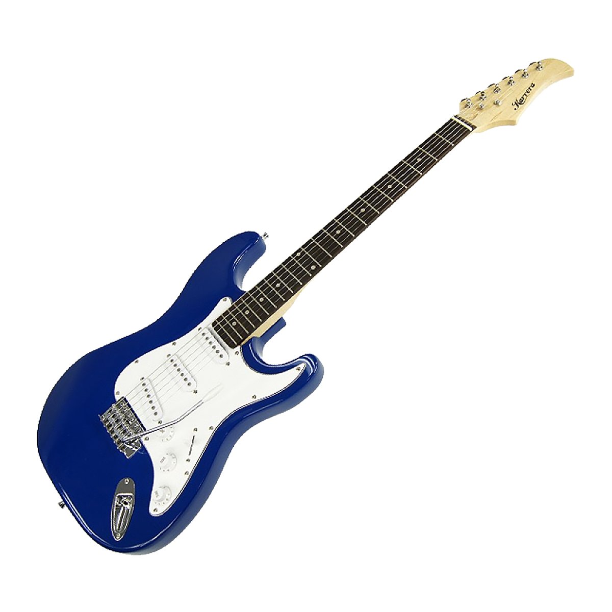 Karrera 39in Electric Guitar in Blue with adjustable bridge and removable whammy bar, showcasing its glossy finish and pickguard.