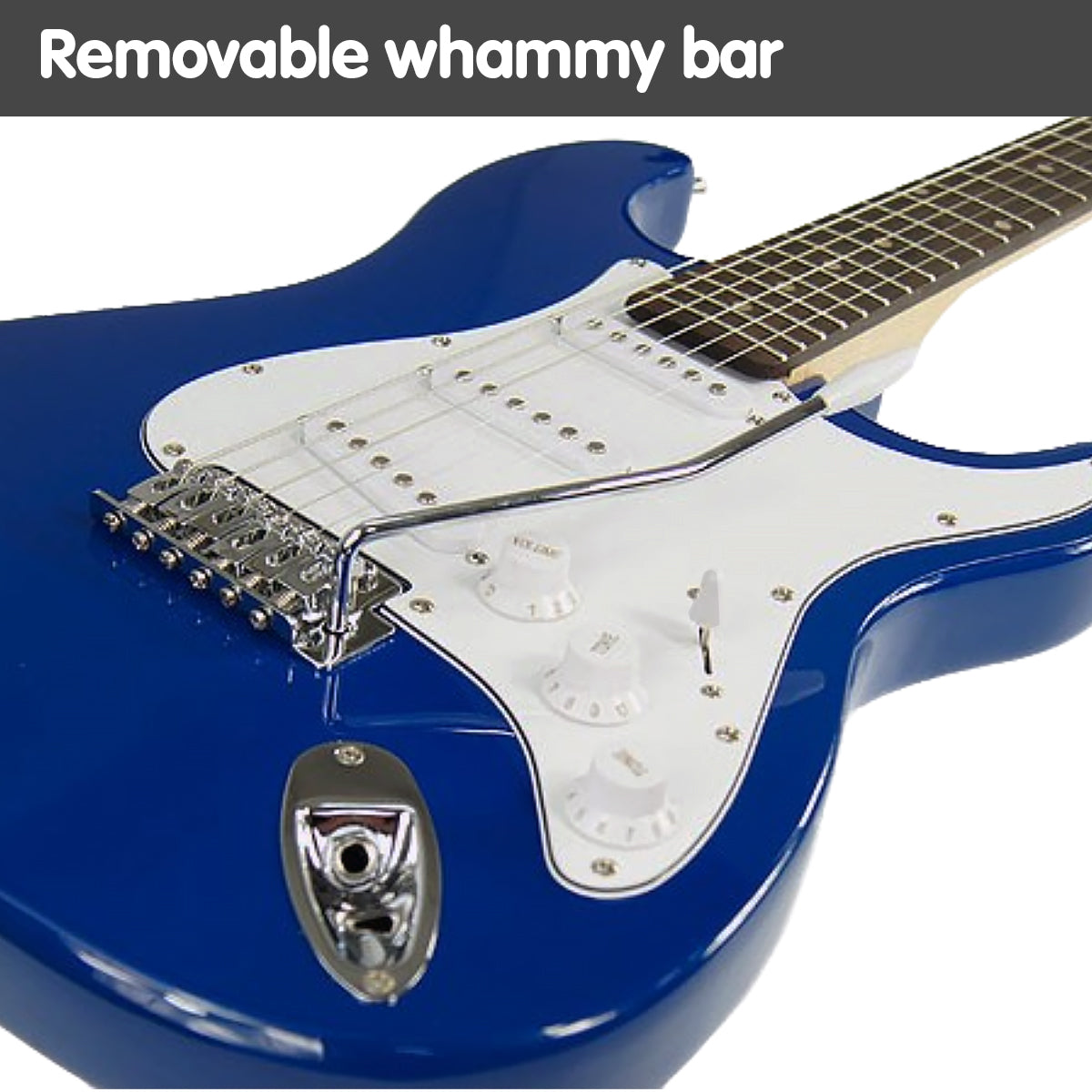 Karrera 39in Electric Guitar in Blue with adjustable bridge and removable whammy bar, showcasing its glossy finish and pickguard.