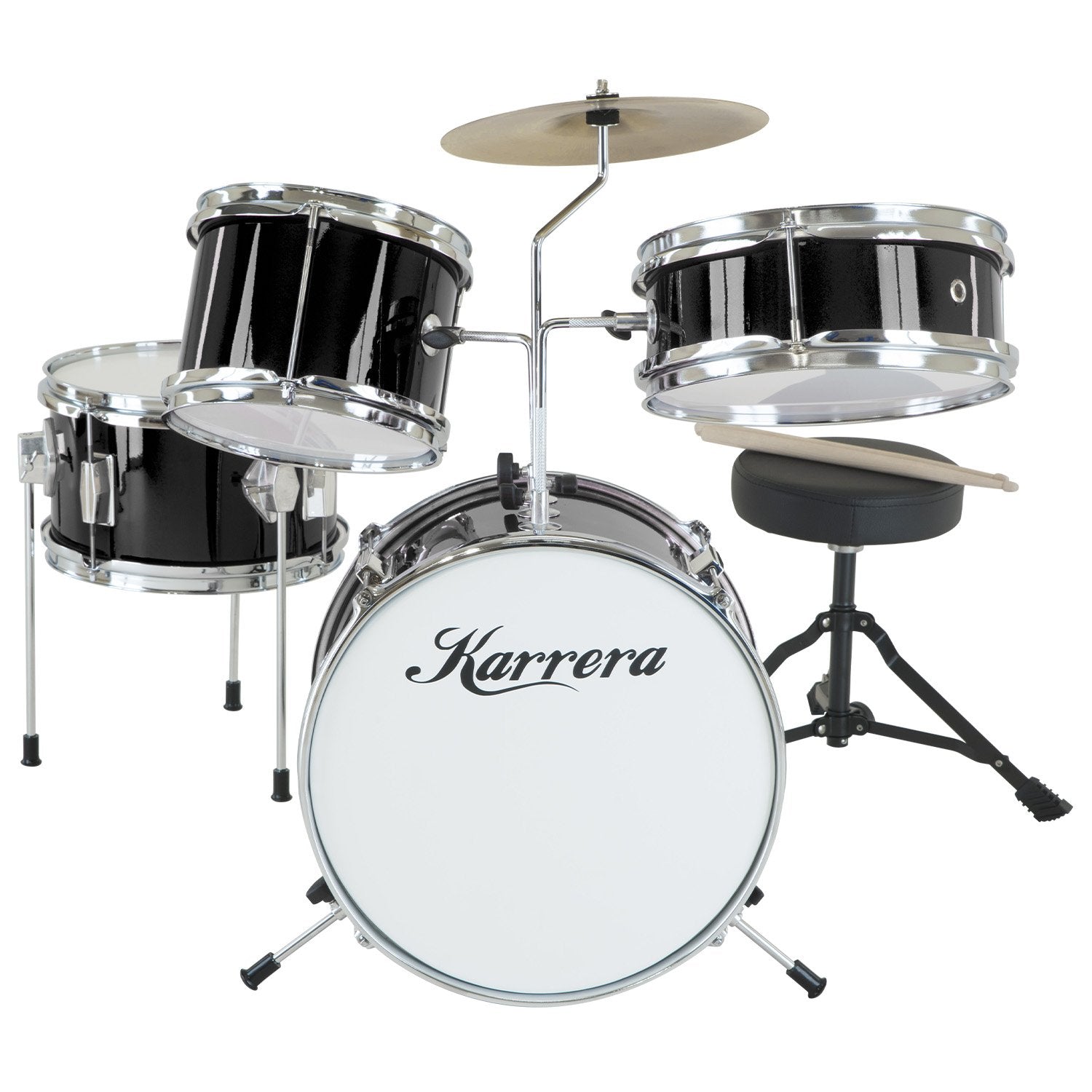 Karrera Children's 4-piece Drum Kit in black with metallic finish, including bass drum, toms, snare, cymbal, and drumsticks.