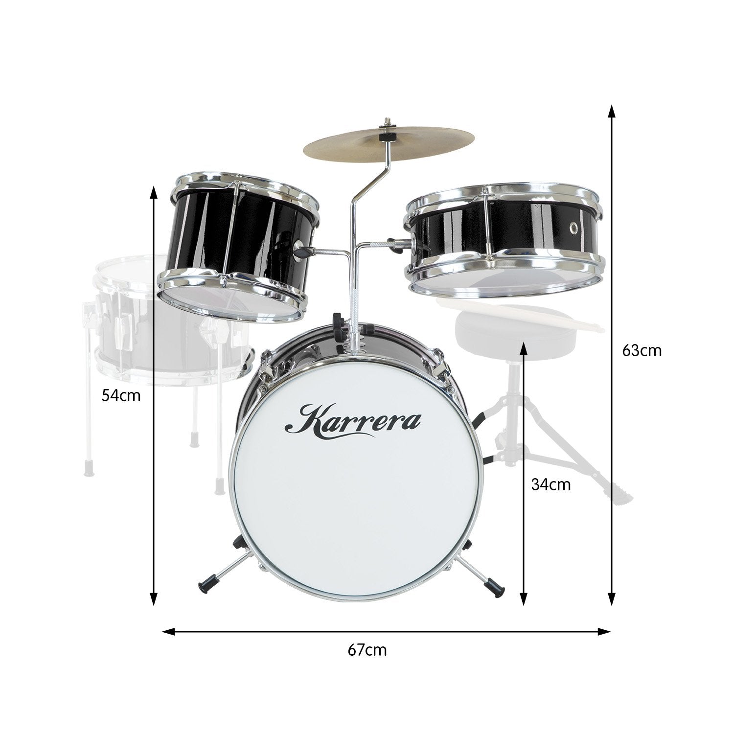 Karrera Children's 4-piece Drum Kit in black with metallic finish, including bass drum, toms, snare, cymbal, and drumsticks.