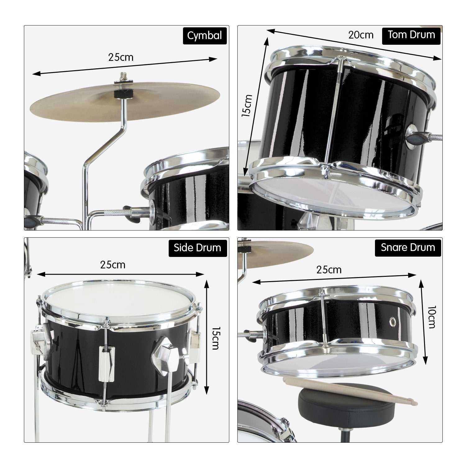 Karrera Children's 4-piece Drum Kit in black with metallic finish, including bass drum, toms, snare, cymbal, and drumsticks.