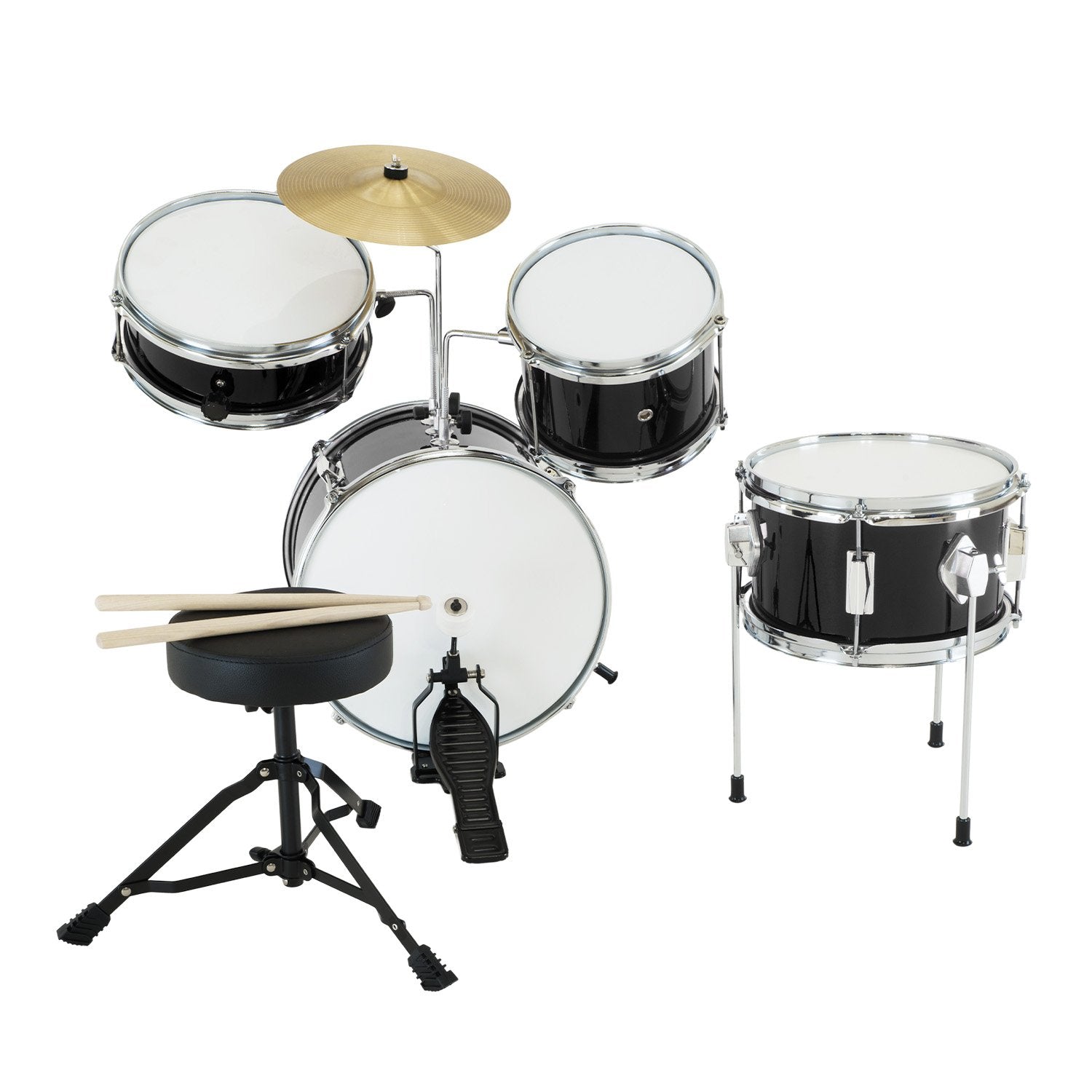 Karrera Children's 4-piece Drum Kit in black with metallic finish, including bass drum, toms, snare, cymbal, and drumsticks.