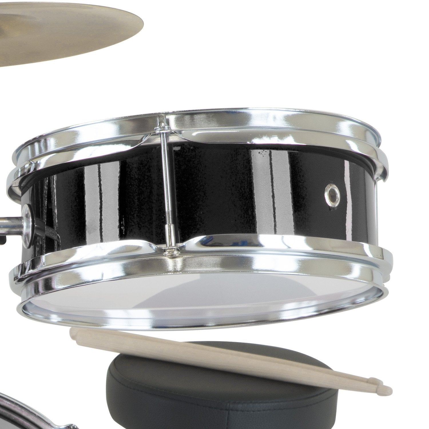 Karrera Children's 4-piece Drum Kit in black with metallic finish, including bass drum, toms, snare, cymbal, and drumsticks.