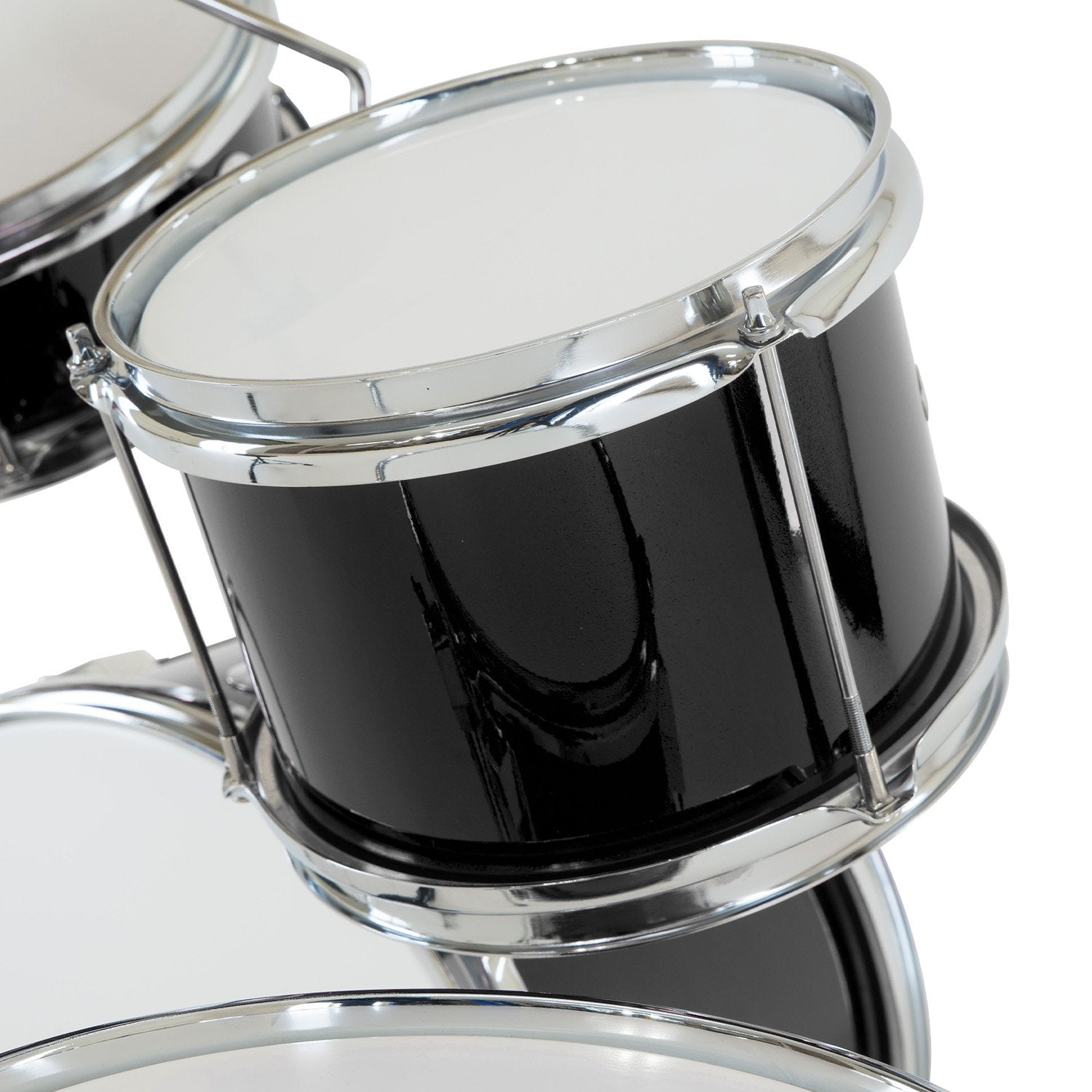 Karrera Children's 4-piece Drum Kit in black with metallic finish, including bass drum, toms, snare, cymbal, and drumsticks.