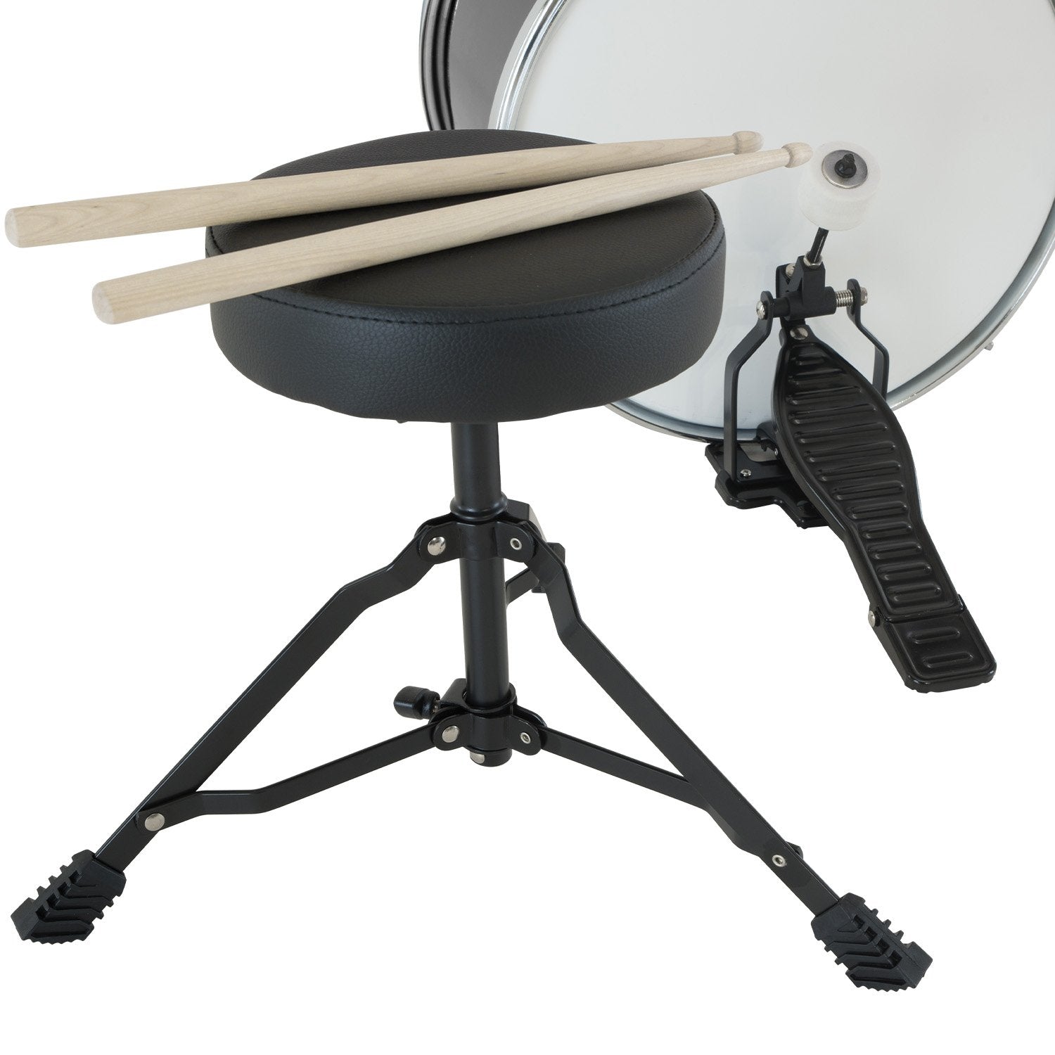 Karrera Children's 4-piece Drum Kit in black with metallic finish, including bass drum, toms, snare, cymbal, and drumsticks.