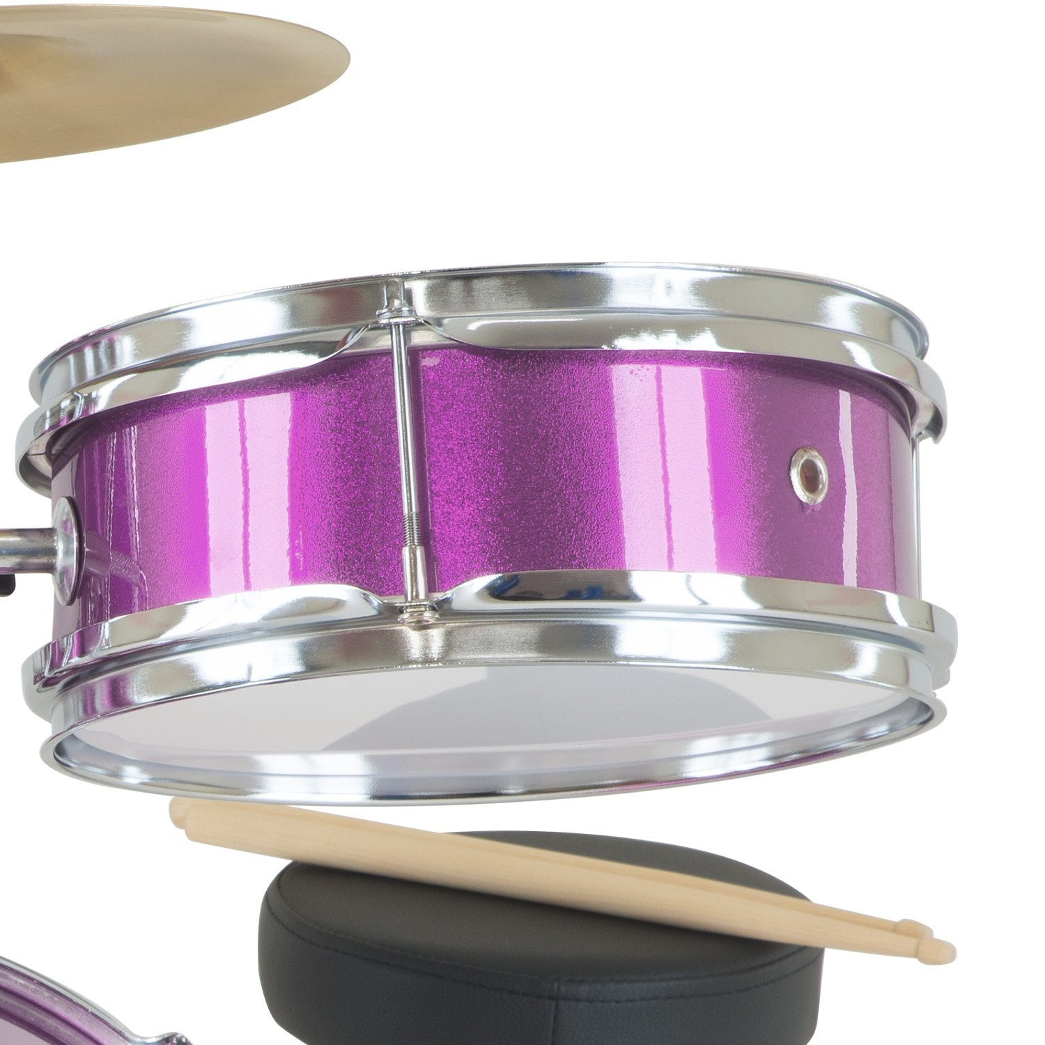 Karrera Children's 4pc Drum Kit in Purple with bass drum, toms, snare, cymbal, and drumsticks.