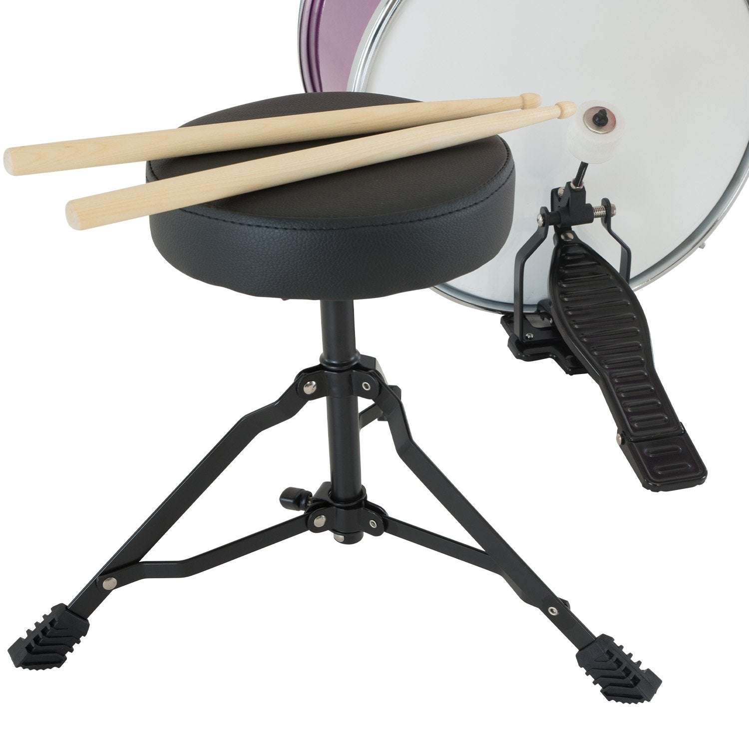 Karrera Children's 4pc Drum Kit in Purple with bass drum, toms, snare, cymbal, and drumsticks.