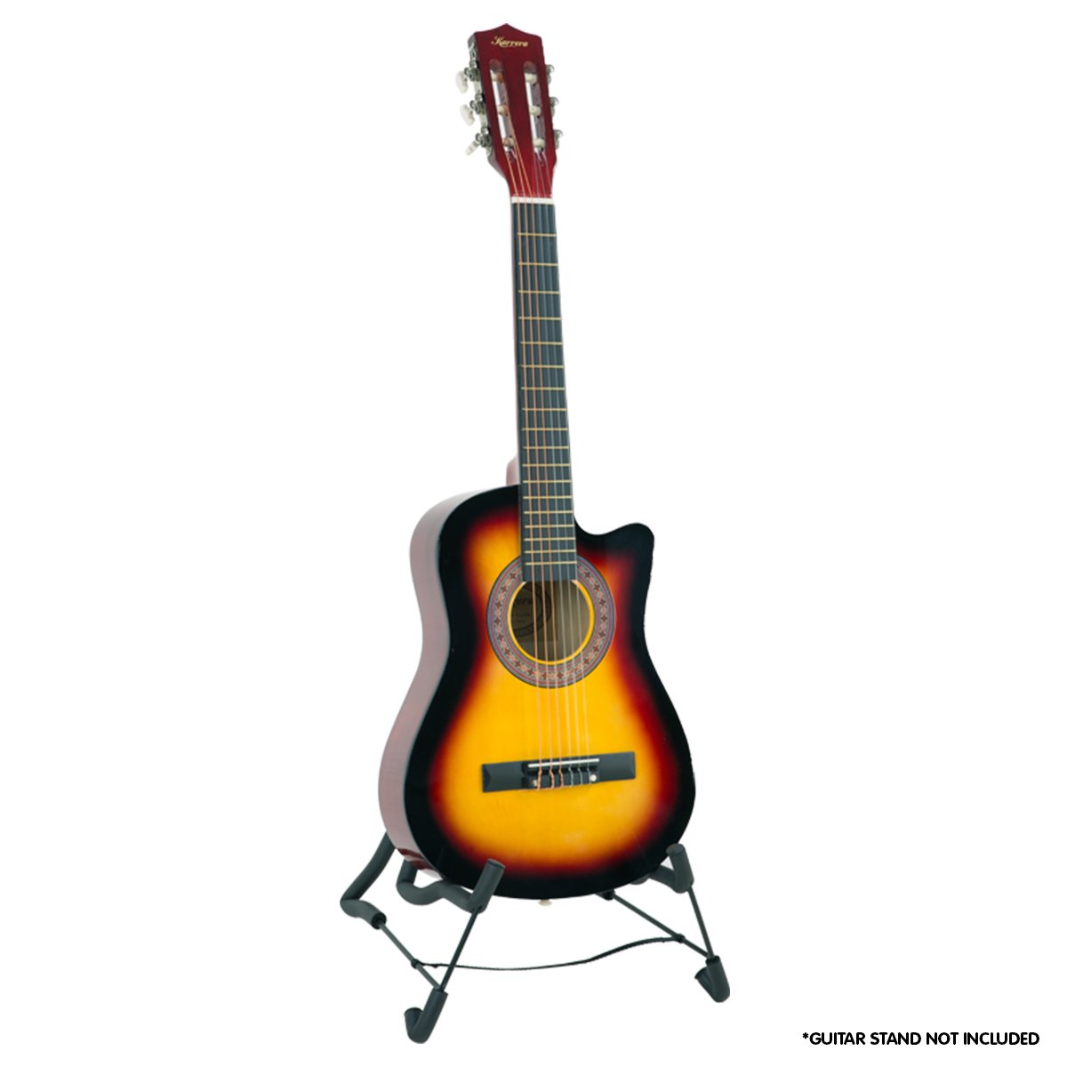 Karrera Children's Acoustic Guitar in sunburst finish, showcasing its beautiful design and craftsmanship, perfect for young learners.