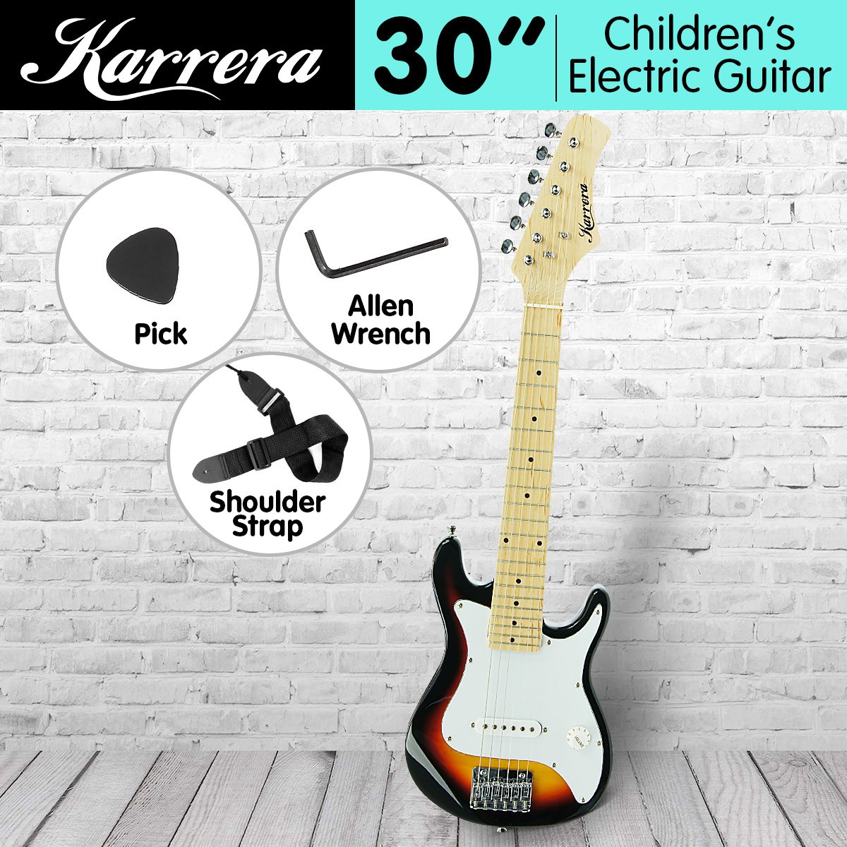 Karrera Children's Electric Guitar in sunburst finish, showcasing its sleek design and professional features.
