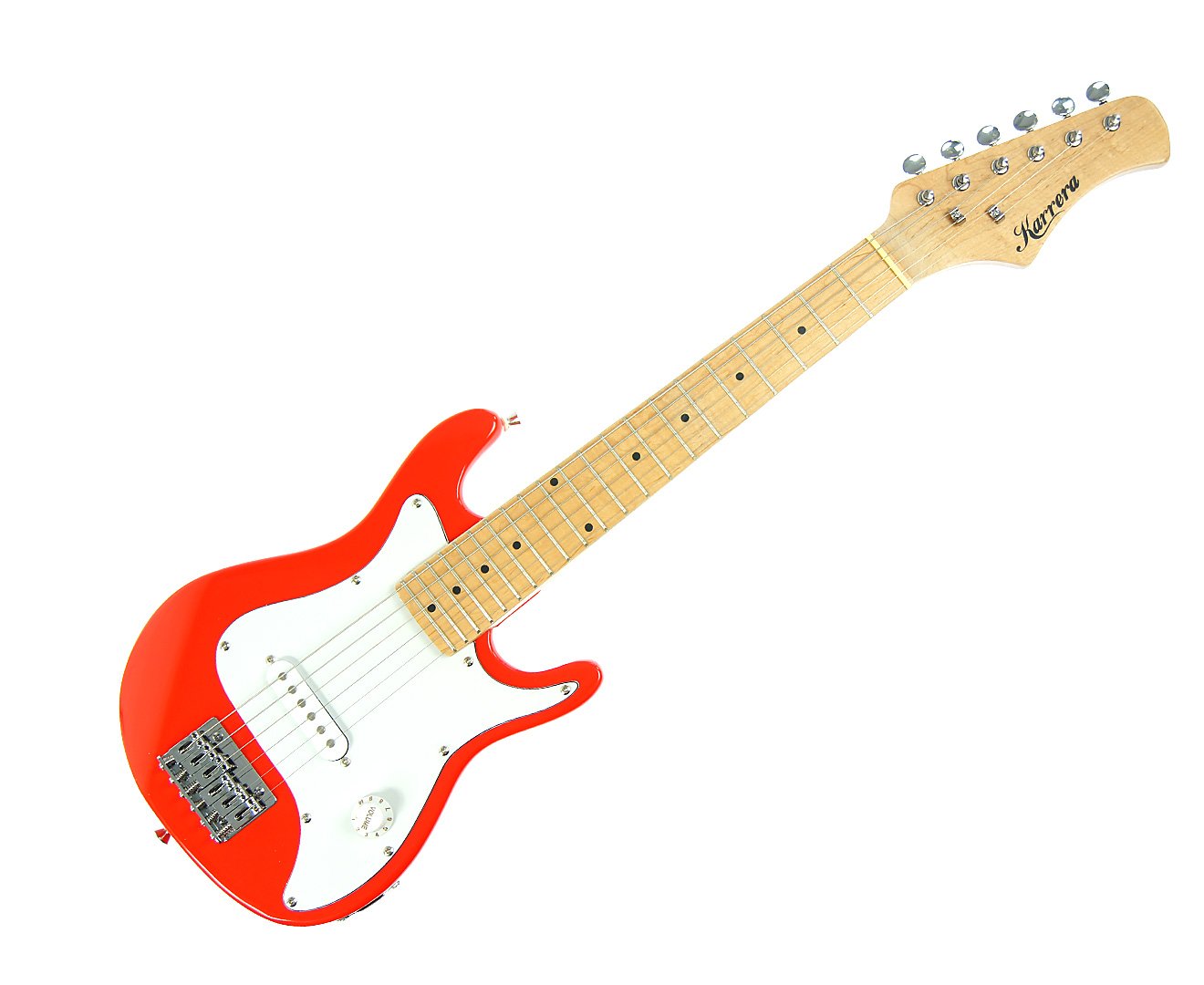 Karrera Electric Children's Guitar in red, featuring a glossy finish, adjustable bridge, and 3-layer pickguard, designed for young musicians.