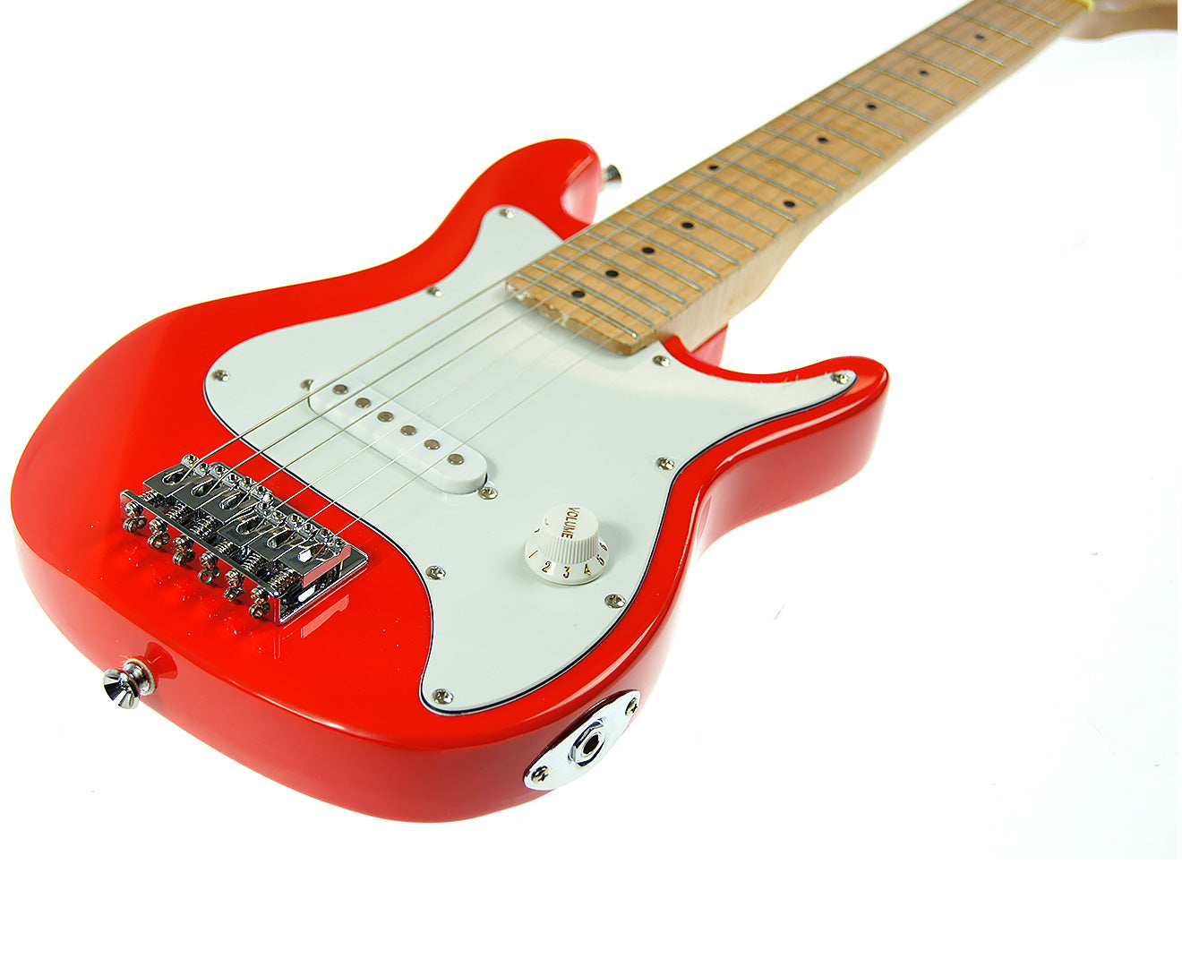 Karrera Electric Children's Guitar in red, featuring a glossy finish, adjustable bridge, and 3-layer pickguard, designed for young musicians.