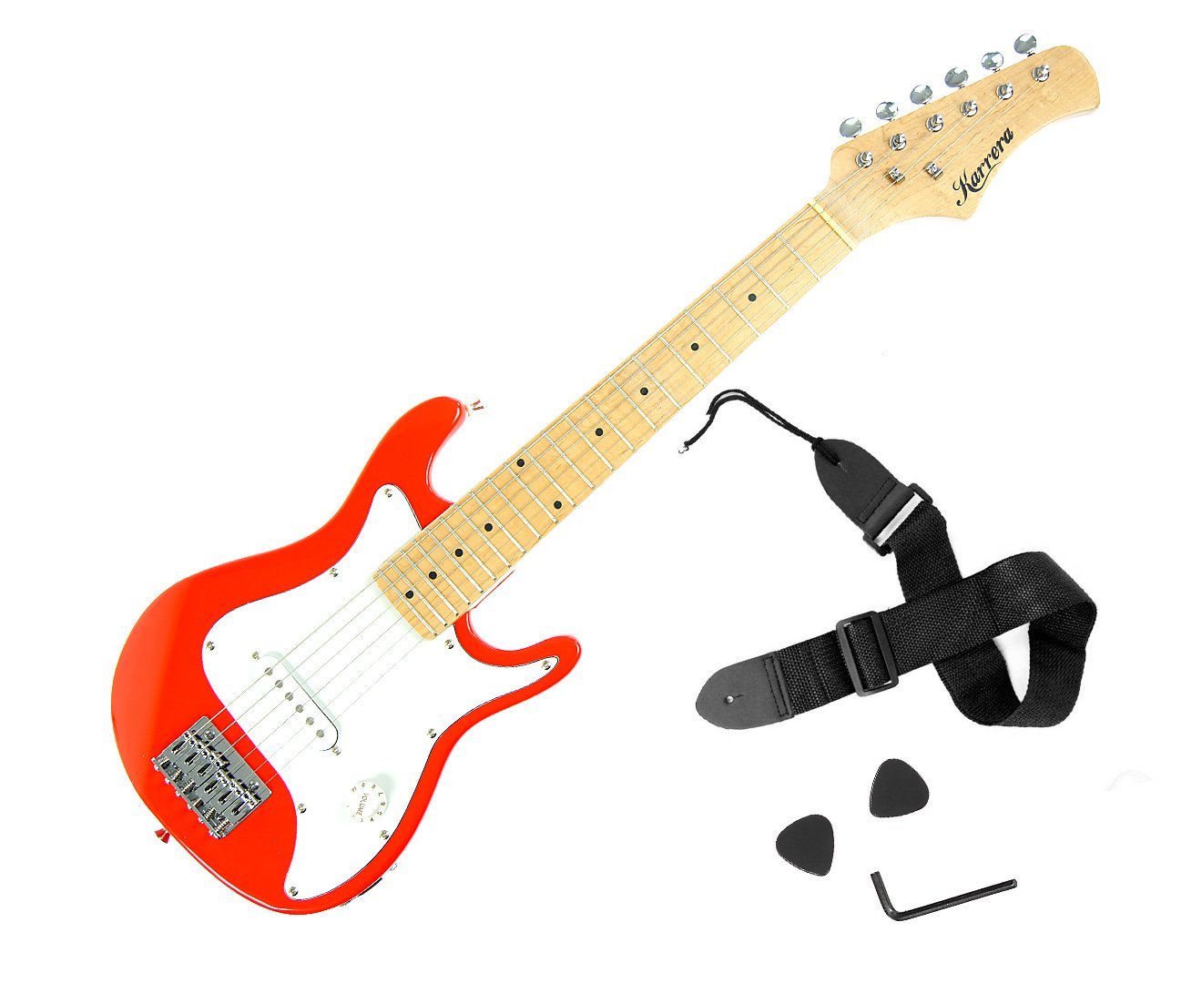 Karrera Electric Children's Guitar in red, featuring a glossy finish, adjustable bridge, and 3-layer pickguard, designed for young musicians.