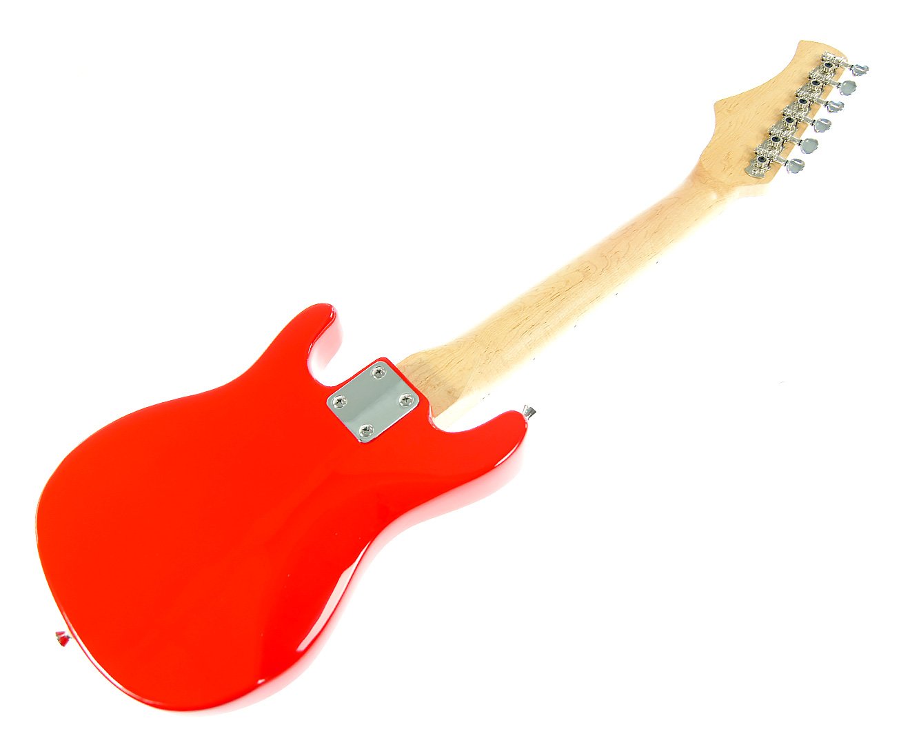Karrera Electric Children's Guitar in red, featuring a glossy finish, adjustable bridge, and 3-layer pickguard, designed for young musicians.