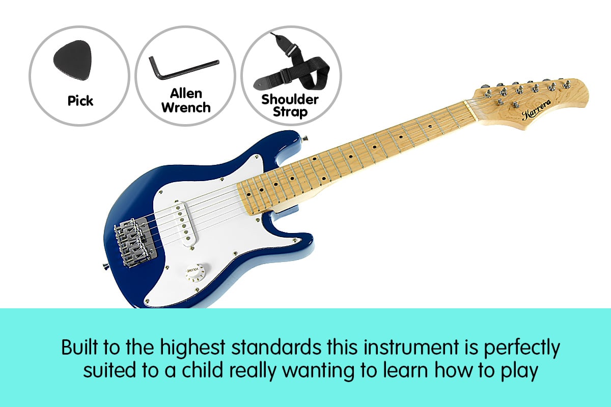 Karrera Electric Children's Guitar in Blue, featuring a glossy finish and professional components, perfect for young musicians.