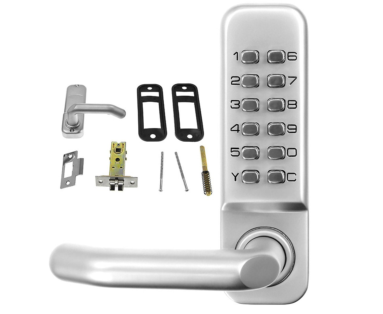 Kartrite Push Button Digital Combination Security Door Lock with satin chrome finish and mechanical keypad.