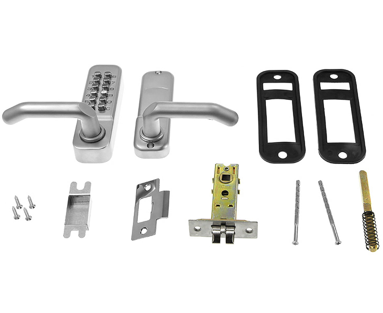 Kartrite Push Button Digital Combination Security Door Lock with satin chrome finish and mechanical keypad.