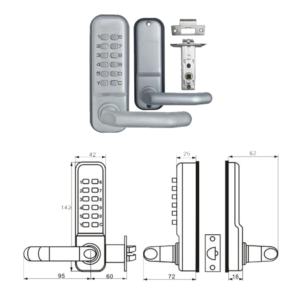 Kartrite Push Button Digital Combination Security Door Lock with satin chrome finish and mechanical keypad.