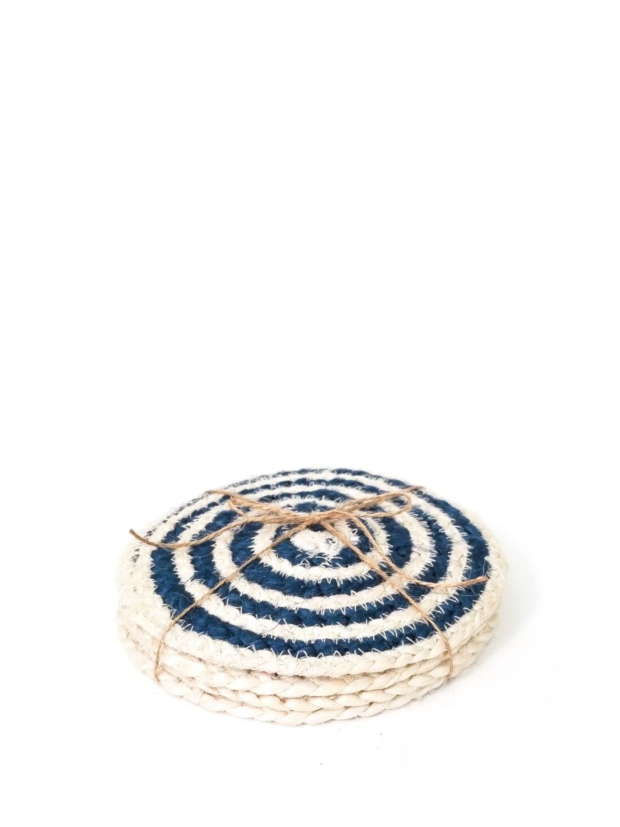 Set of 4 blue jute spiral coasters, handmade, featuring a unique braided design.
