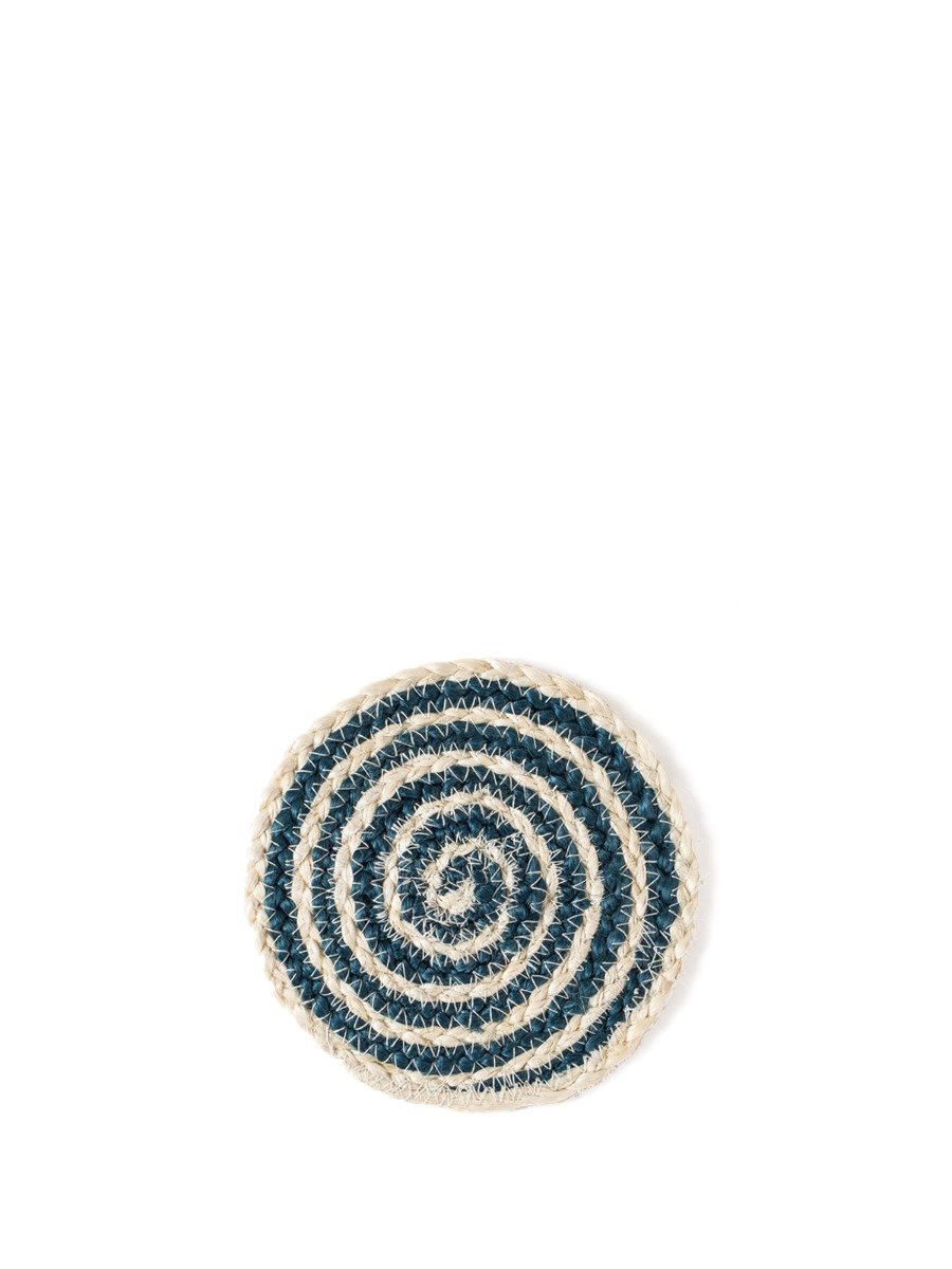 Set of 4 blue jute spiral coasters, handmade, featuring a unique braided design.