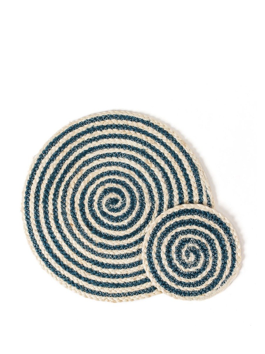 Set of 4 blue jute spiral coasters, handmade, featuring a unique braided design.