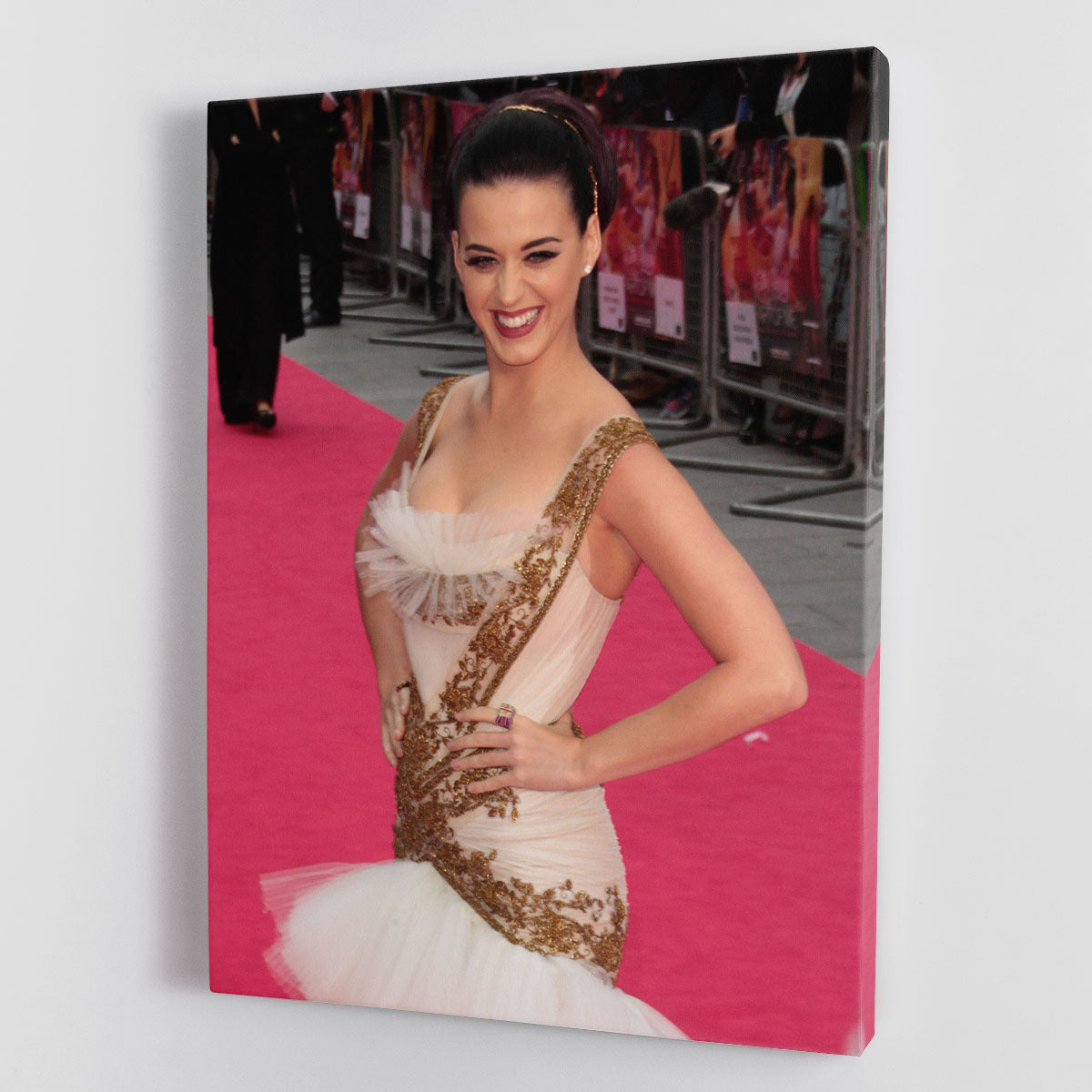 Katy Perry Red Carpet Canvas Print showcasing vibrant colors and celebrity glamour, perfect for home decor.