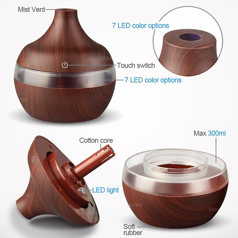 KBAYBO USB 300ml Aroma Humidifier with wood grain finish and 7 color LED lights, designed for aromatherapy and air purification.