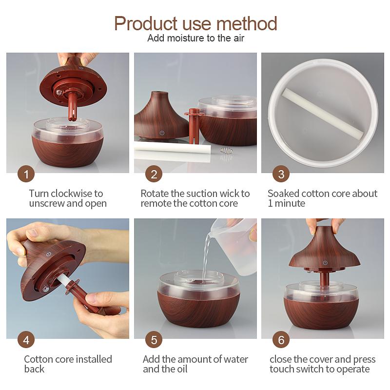 KBAYBO USB 300ml Aroma Humidifier with wood grain finish and 7 color LED lights, designed for aromatherapy and air purification.