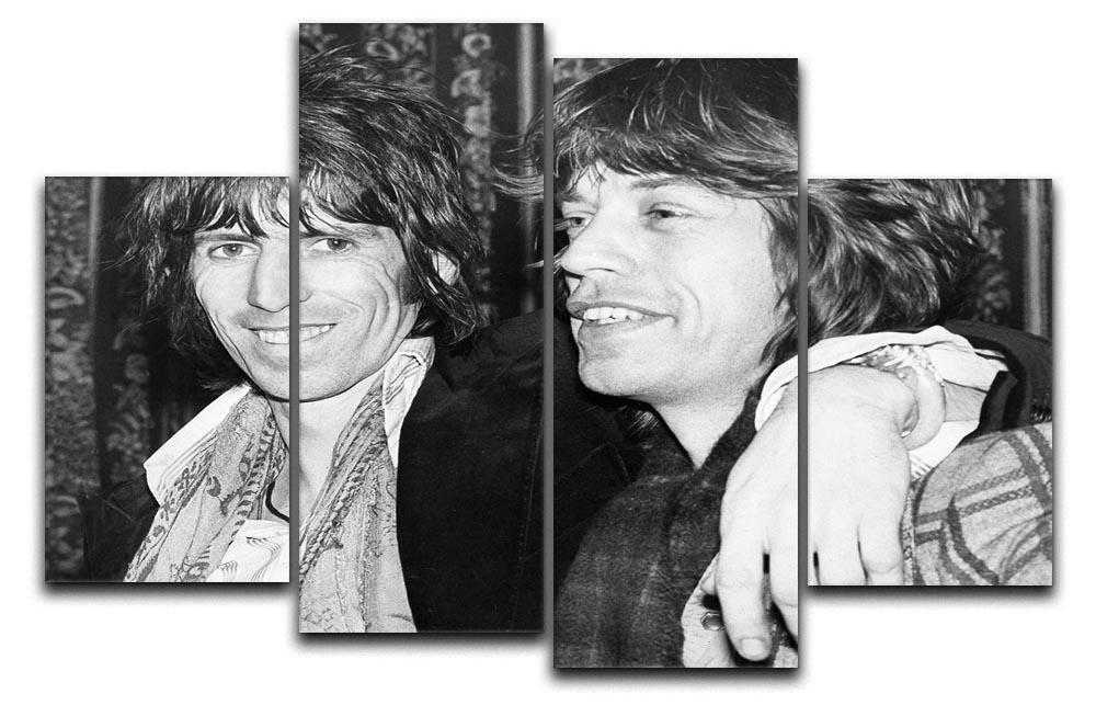A vibrant 4-split canvas artwork featuring Keith Richards and Mick Jagger, showcasing their iconic presence in rock music.