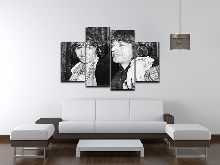 A vibrant 4-split canvas artwork featuring Keith Richards and Mick Jagger, showcasing their iconic presence in rock music.