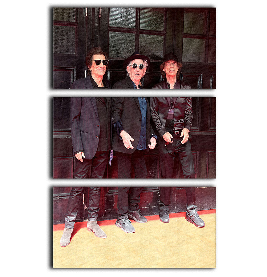 Three-panel canvas art featuring Keith Richards, Ronnie Wood, and Mick Jagger, inspired by Hackney Diamonds, showcasing vibrant colors and intricate details.